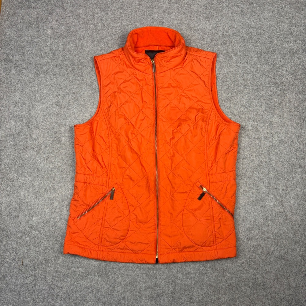 Talbots Womens Quilted Puffer Vest Orange Fleece Lined Full Zip Large